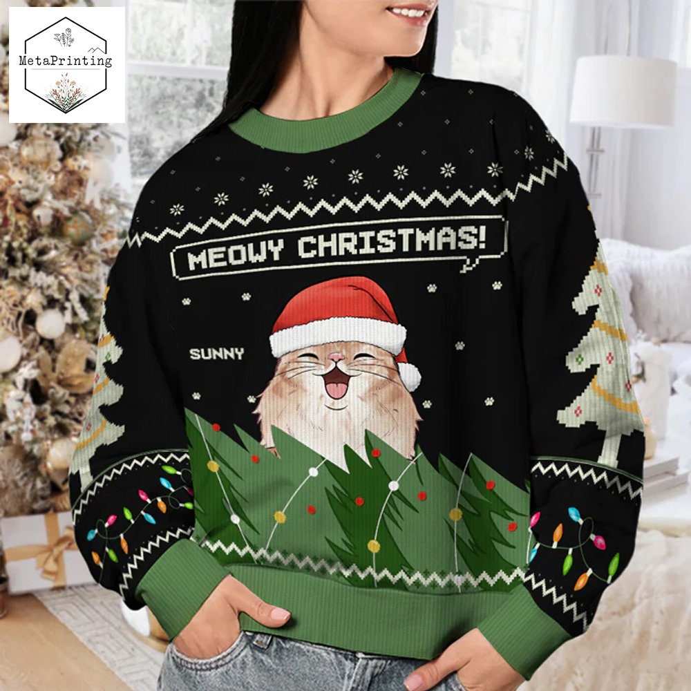 Discover Personalized Cat Meowy Christmas Ugly Christmas Sweater
