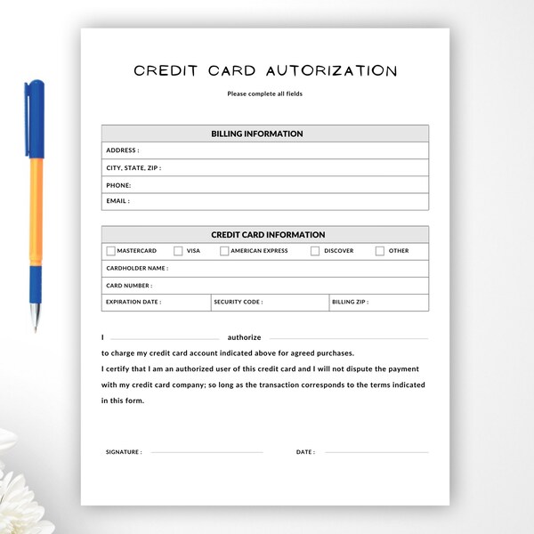 Credit Card Authorization form. PDF filable & printable . Credit Card Billing. Accounts Receiveable.