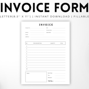 Puede incluir: Plantilla de formulario de factura imprimible en tamaño US Letter (8,5 x 11 pulgadas). El formulario incluye campos para el número de factura, la fecha de factura, la fecha de vencimiento, la descripción del artículo, la cantidad, el total, el subtotal, el impuesto, el descuento y el monto total.