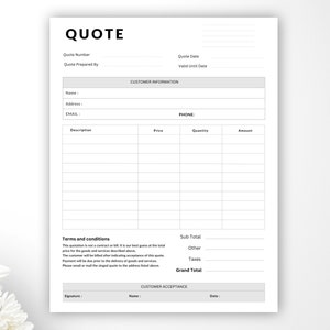 Quote Form | Editable Quotation template | Quote for Small business | Job Estimate Form | Proposal Template