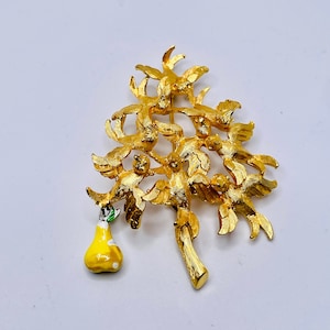 Christmas Pear Tree Brooch pin Vintage signed by Cadoro