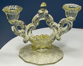 Cambridge Glass Martinsville Etched Yellow Crystal Candles Stick Holder Victorian Style.