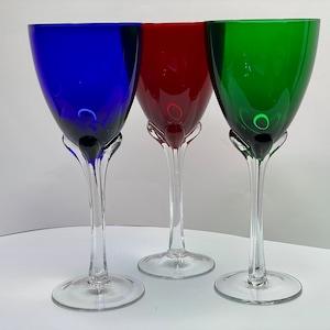 1980&#39;s Hand Blown Tall Glasses/Goblets. Ruby Red, Cobalt Blue, Emerald Green. 9.5&quot; Set of 3.