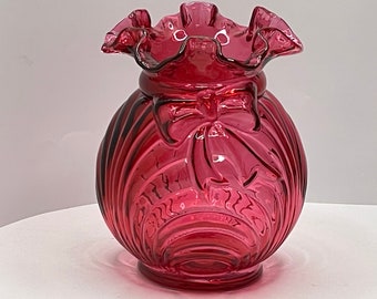 Fenton Country Cranberry Red Caprice Bow Drape Vase Crimp Top Edge