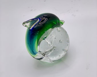 Clear Art Glass Vintage Hand Blown Dolphin Paperweight .