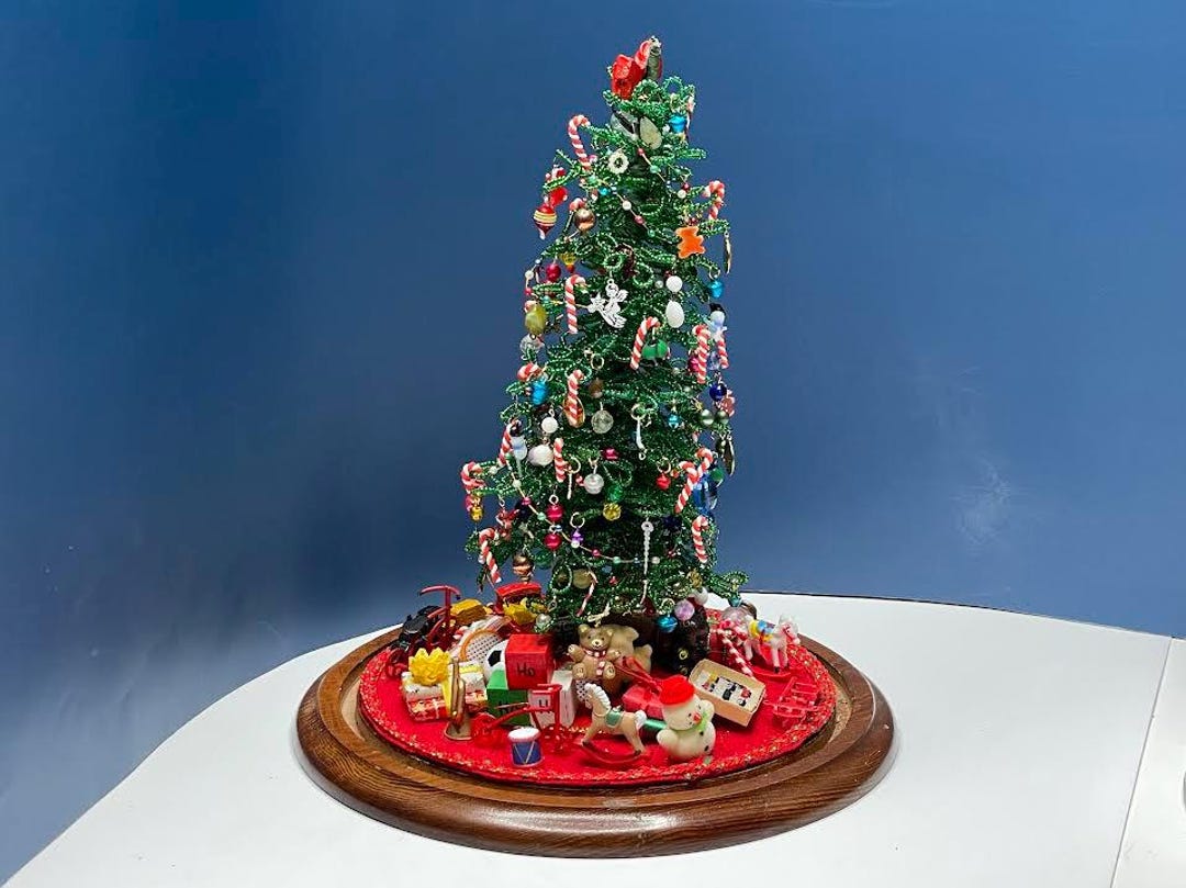 Westrim Beaded Christmas Tree on a Wooden Base W/ a Red Felt Tree
