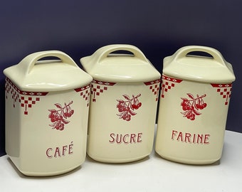 Le Comptoir De Famillle. Red Cherris Pattern Cannisters. Set of 3. Made in France.