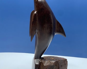 Vintage Handcrafted Ironwood Dolphin Sculpture, Marine Life Sculpture