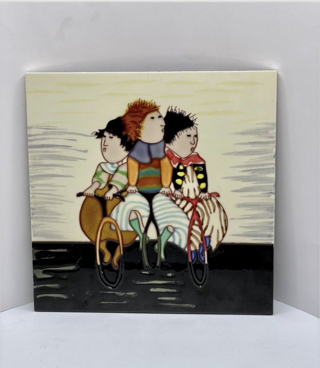 3 Kids Riding Bicycle Roybal Style Vtg Glazed Enamel Art Tile Wood ...