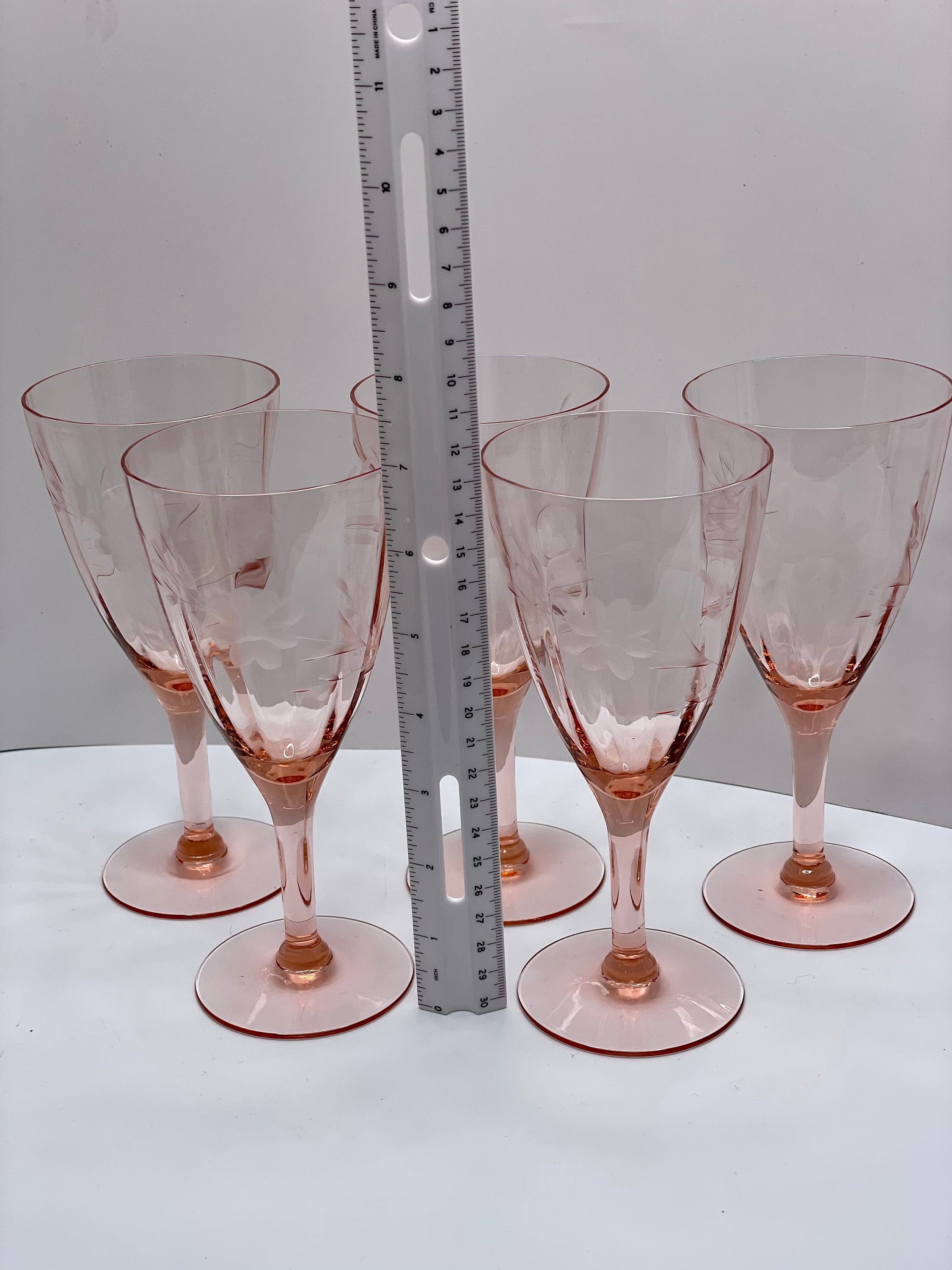 Pink Etched Floral Fluted Wine Glass, Set of 8