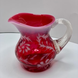 1970&#39;s FENTON L G  Wright Cranberry Floral Opalescent Small 4.25&quot; Pitcher or Creamer.