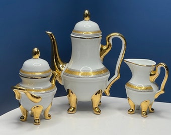 MCM Japan Design. Beautiful Gold Design Ceramic Footed Teapot, Sugar Bowl w/Lid & Creamer.