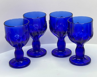 Tiffin Franciscan Hand Blown Cobalt Blue Wine Goblet Leaf Pattern. Set of 4