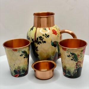 1980&#39;s India Circus Floral Copper Jug/Pitcher Set by Krsnaa Mehta.