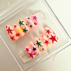 Rainbow Star Nails, Pride Nails, Y2K Nails, Almond Press on Nails, Nail Art, Nail Designs, Handmade Nails, Star Nails, Fake Nails Set