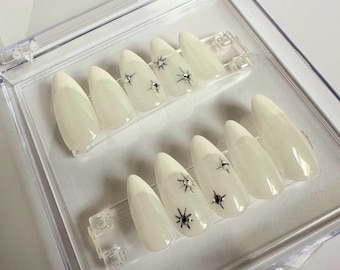Milky White French Tip Press On Nails with Stars, Handmade False Nails