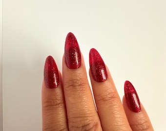 Uñas postizas rojas con purpurina hechas a mano, uñas navideñas de invierno