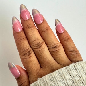 Holographic French Tip Press on Nails, French Manicure Press On Nails, Pink French Tip Press on Nails, Press on Nails Pink, Handmade Nails