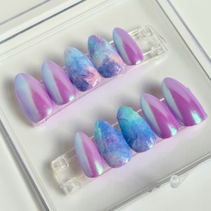 Purple Chrome Press On Nails with Blue Abstract Art, Handmade