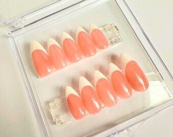 Almond French Tip Press On Nails, Handmade Fake Nail Set