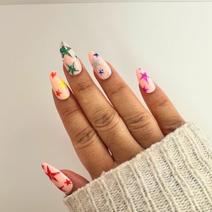 Rainbow Star Nails, Pride Nails, Y2K Nails, Almond Press on Nails, Nail Art, Nail Designs, Handmade Nails, Star Nails, Fake Nails Set