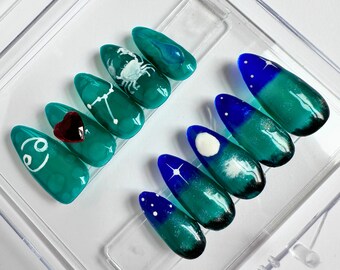 Cancer Star Sign Press On Nails, Moonlit Lake Design, Glow in the Dark