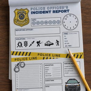 May include: A notepad titled Police Officer's Incident Report featuring a yellow police badge, a clock, a section for violations with icons, a yellow police line tape graphic, a height chart, suspect description fields, and a police car illustration.