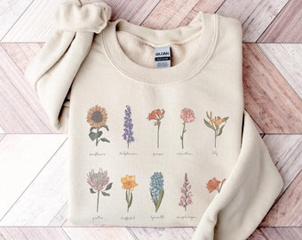 Flower Sweatshirt | Womens Wildflower Sweatshirt | Vintage Botanical Crewneck | Boho Botanical Chart Crewneck | Flower Sweatshirt