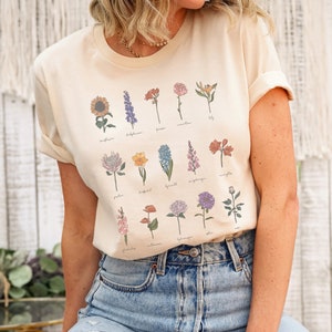 Chemise Wildflower | | de chemise Cottagecore Chemise graphique WildflowerS femme | Chemise à fleurs botaniques vintage | Boho Botanical Chart T-shirt