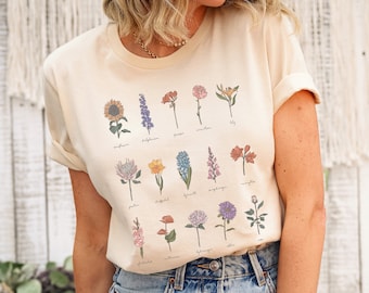 Wildblumen Shirt | Cottagecore Shirt | Damen Wildblumen Grafik Shirt | Vintage Botanische Blumen Shirt | Boho Botanisches Chart T-Shirt