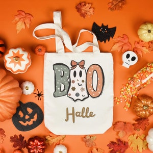 Süße Boo Süßes oder Saures Tasche | Halloween-Einkaufstasche | Süße Boo Name Tasche | Personalisierte Süßes oder Saures Eimer