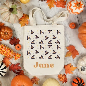 Custom Trick or Treat Bag | Halloween Trick or Treat Tote Bag | Witch Hat Name Tote | Personalized Trick or Treat Bucket