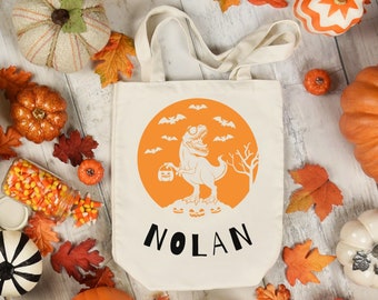 Dinosaurier Süßes oder Saures Tasche | Personalisierte Süßes oder Saures Eimer | Dinosaurier Name Tasche | Halloween Süßes sonst gibt es Saures Tote für Kinder