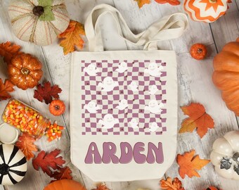 Custom Trick or Treat Bag | Halloween Trick or Treat Tote Bag | Retro Ghost Name Tote | Personalized Trick or Treat Bucket