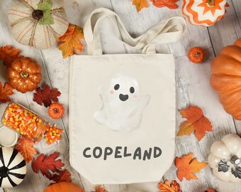 Trick or Treat Bag | Halloween Tote Bag | Neutral Ghost Name Tote | Personalized Trick or Treat Bucket