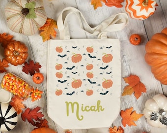 Custom Trick or Treat Bag | Halloween Trick or Treat Tote Bag | Classic Pumpkin Name Tote | Personalized Trick or Treat Bucket