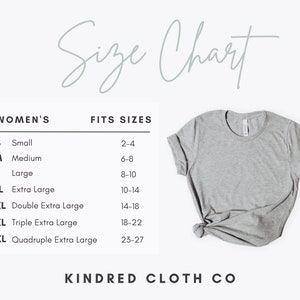 Op de afbeelding: Maattabel voor dameskleding met bijbehorende pasvormen. De tabel toont de maten S, M, L, XL, 2XL, 3XL en 4XL met bijbehorende pasvormen van 2-4 tot 23-27. De tekst "KINDRED CLOTH CO" staat onderaan de tabel.