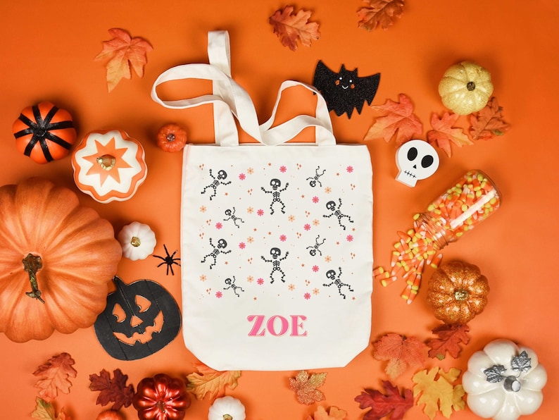 Custom Trick or Treat Bag Halloween Trick or Treat Tote Bag Dancing Skeleton Name Tote Personalized Trick or Treat Bucket image 1