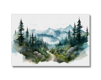 Stunning PNW Mountain Forest Trail Watercolor Canvas Print : Perfect Hiking Gift for Nature Lovers, Oregon & Washington Wilderness Wall Art