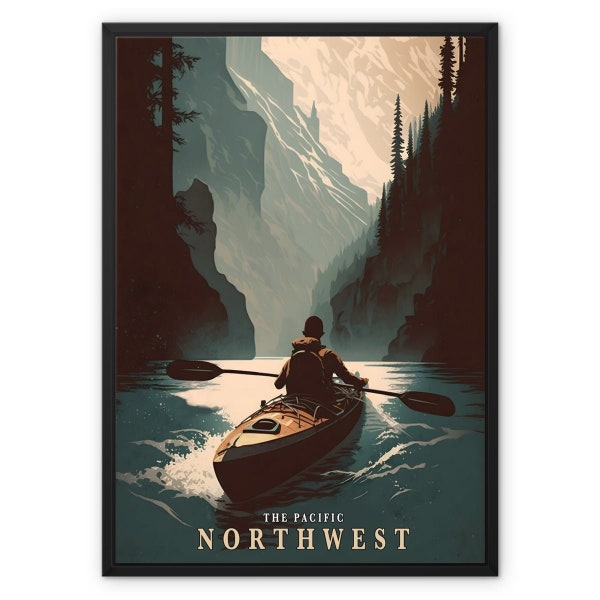Pacific Northwest Kayak Gorge PNW retro vintage style wall art gift