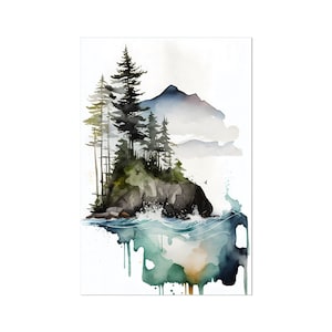 Island Mountain Sea Pnw Stampa incorniciata Pacific Northwest Art Wall Art Decor regalo per escursioni ad acquerello all'aperto nella natura selvaggia