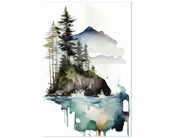 Island Mountain Sea Pnw Framed Print Pacific Northwest Art Wall Art Decor watercolor hiking gift outdoors wilderness