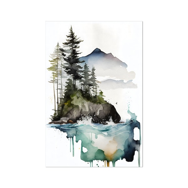 Island Mountain Sea Pnw Framed Print Pacific Northwest Art Wall Art Decor watercolor hiking gift outdoors wilderness