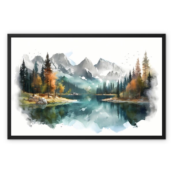 Autumn Alpine Lake Scenery 1: Tranquil Watercolor Landscape Wall Art for Home Decor