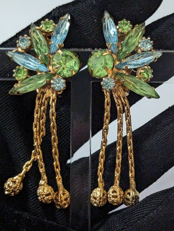 Vintage Dangle Earrings with Spring Green and Aqu… - image 1