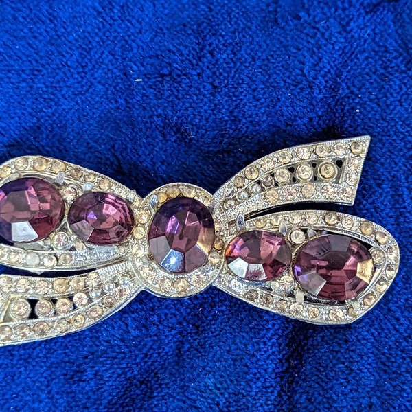 Antique Paste and Open Back Purple Stone Bow Brooch