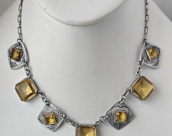 Antique Art Deco Rhodium Plated and Yellow Rhinestone Necklace