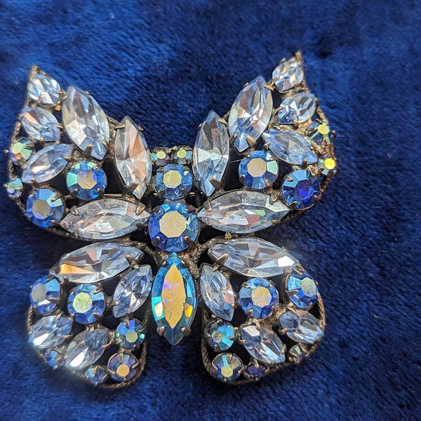 Large Pale Blue Rhinestone Regency Butterfly Brooch