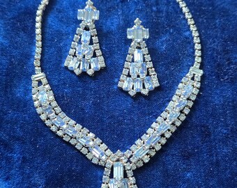 Vintage Pale Blue Rhinestone Necklace and Matching Earrings Demi Parure