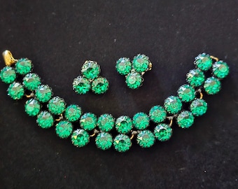 Vintage Deep Vibrant Green Rhinestone Bracelet and Earrings set in Japanned Metal